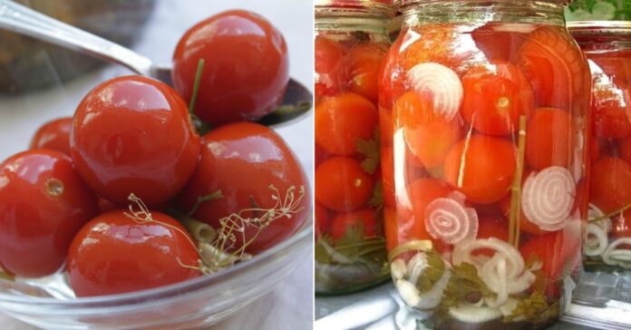 Konservuoti pomidorai su morkų lapais. Skanios ir gražios atsargos